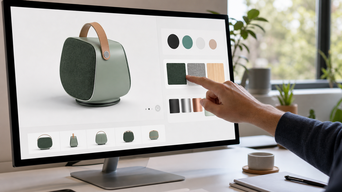An interactive 3D product being customized with color and material swatches on a website