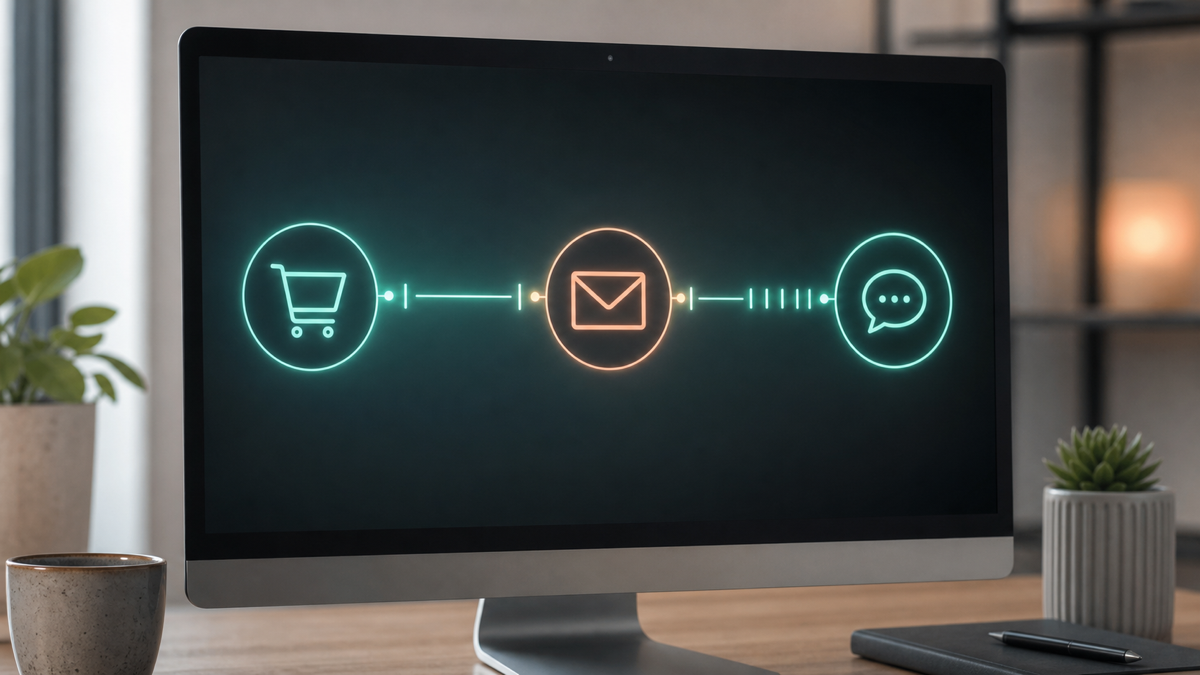 An automation sequence showing email and SMS reminders triggered after checkout abandonment