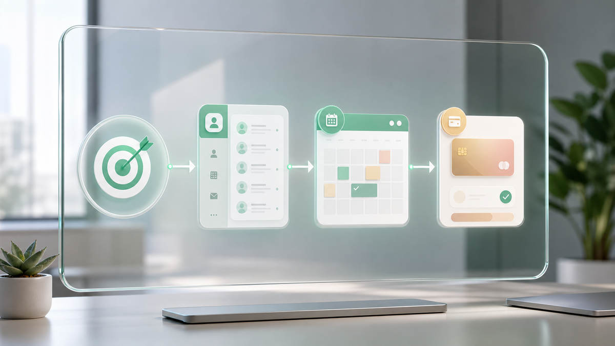 An AI agent taking a business goal, planning several steps, and executing each across connected tools like a CRM, calendar, and payment system