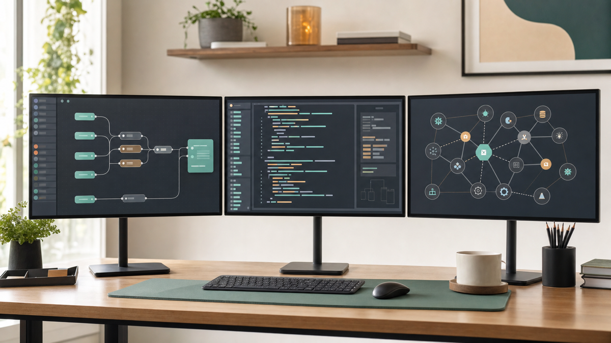 Multiple monitors showing a visual automation canvas, agent framework code, and a tool-connection diagram side by side