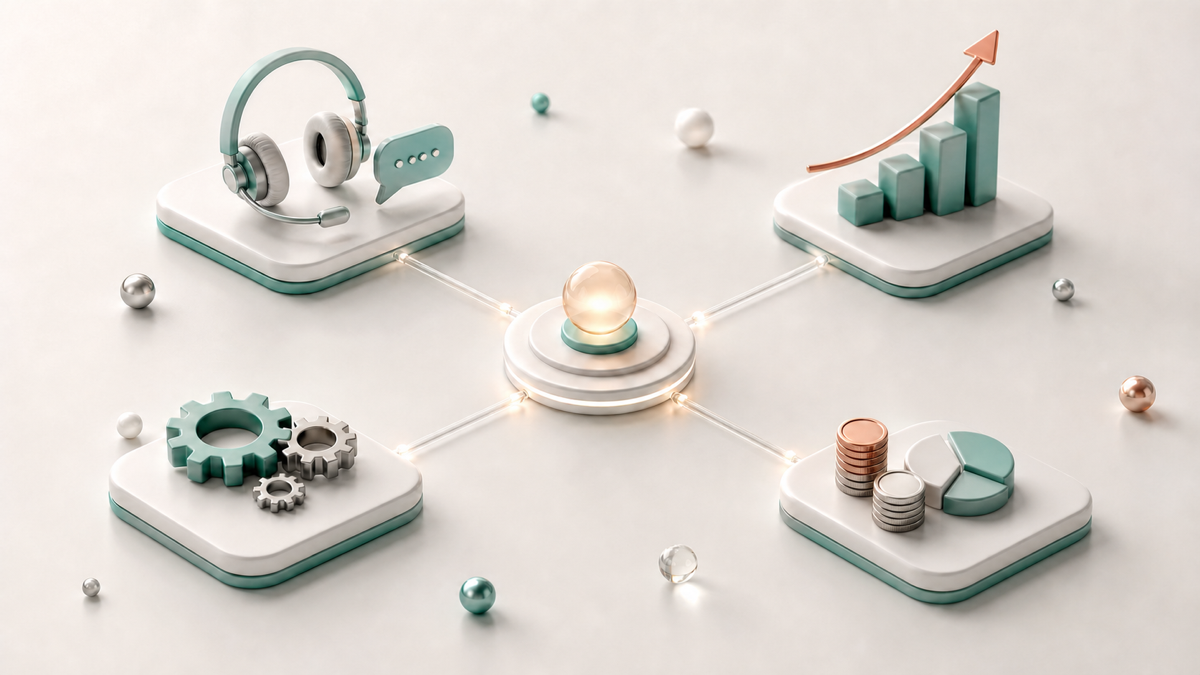 A grid of business workflow icons connected to a central AI agent hub