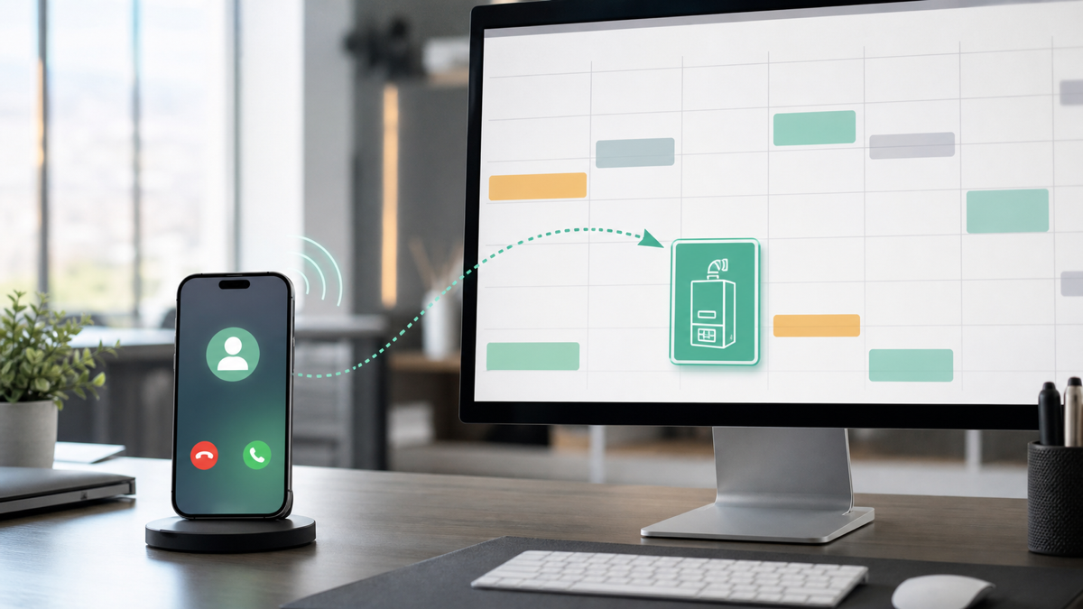 An AI answering service booking an HVAC service call into a scheduling calendar