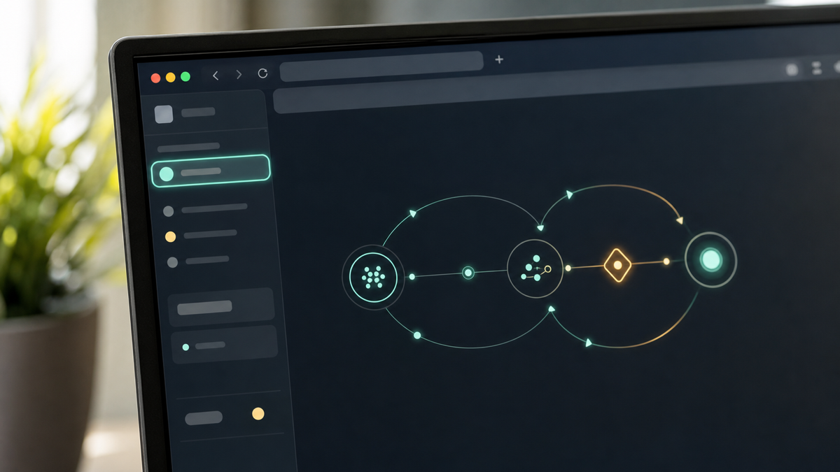 An AI agent reasoning over a web page it is controlling, with the browser and the decision loop shown side by side