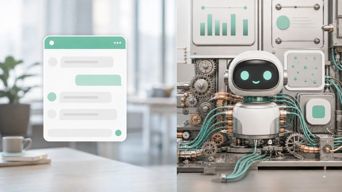 A split scene contrasting a plug-and-play chatbot widget with a custom-built chatbot connected to business systems