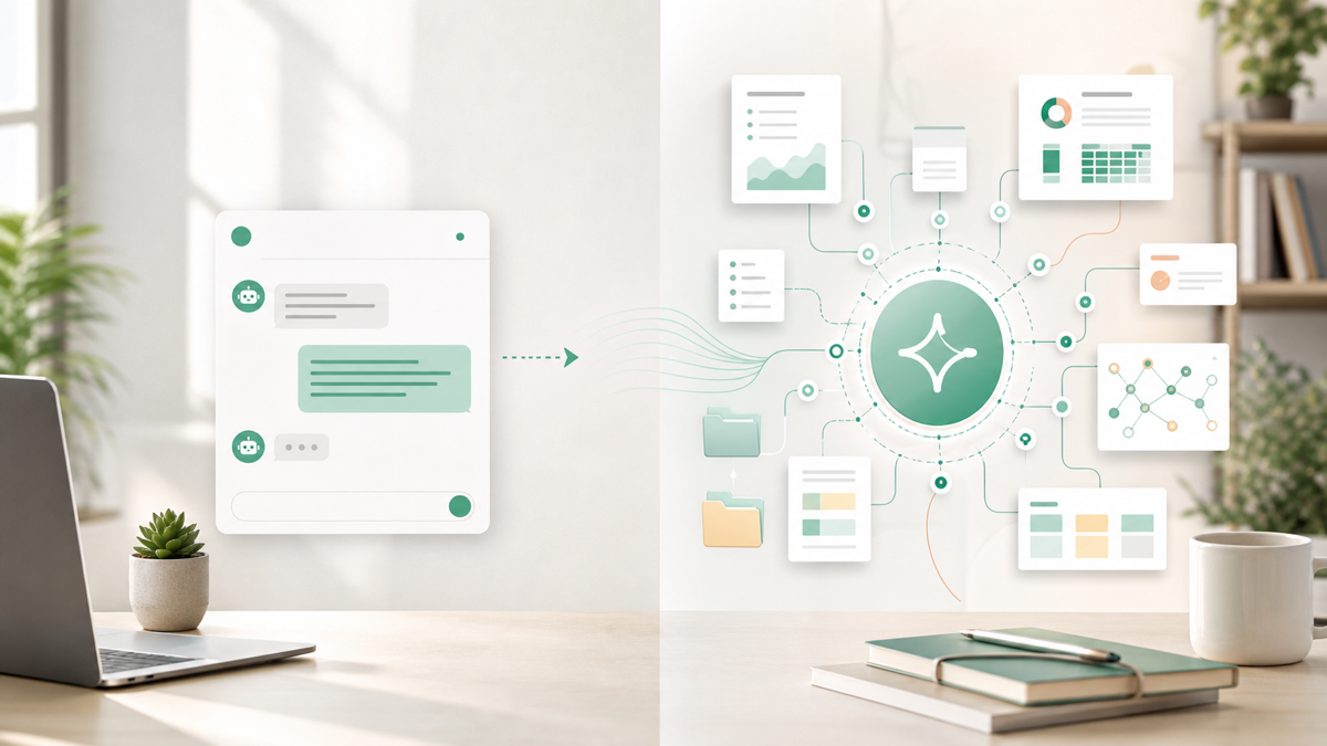 Illustration contrasting a simple chat widget with an AI assistant connected to business data and tools