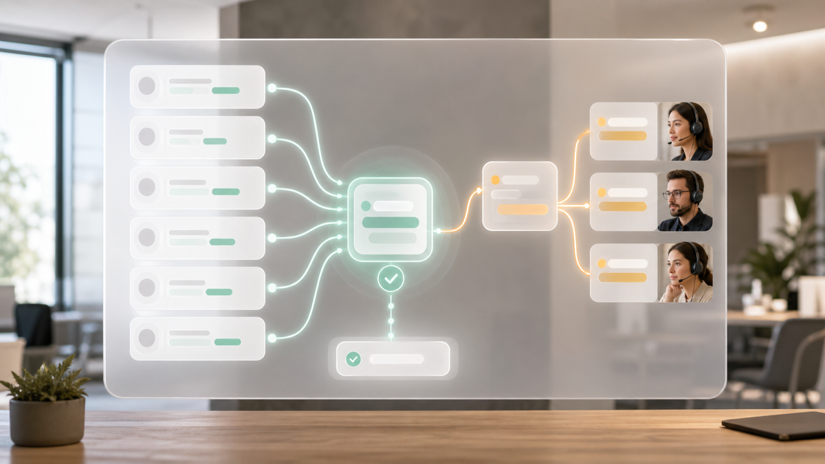 A support dashboard showing routine chats resolved and complex ones routed to agents