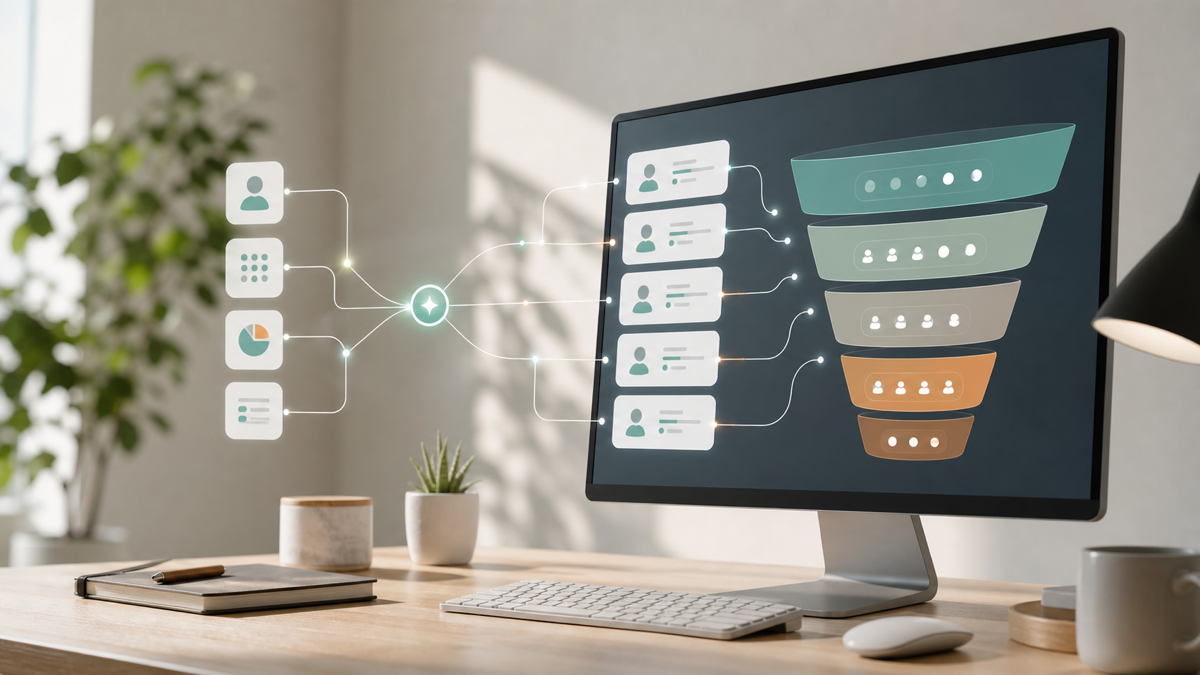 An automated lead pipeline routing enriched, scored leads into a CRM on a monitor
