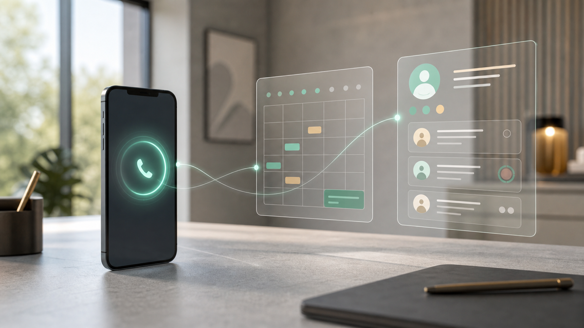 Diagram of an AI receptionist routing an incoming call to a calendar and CRM