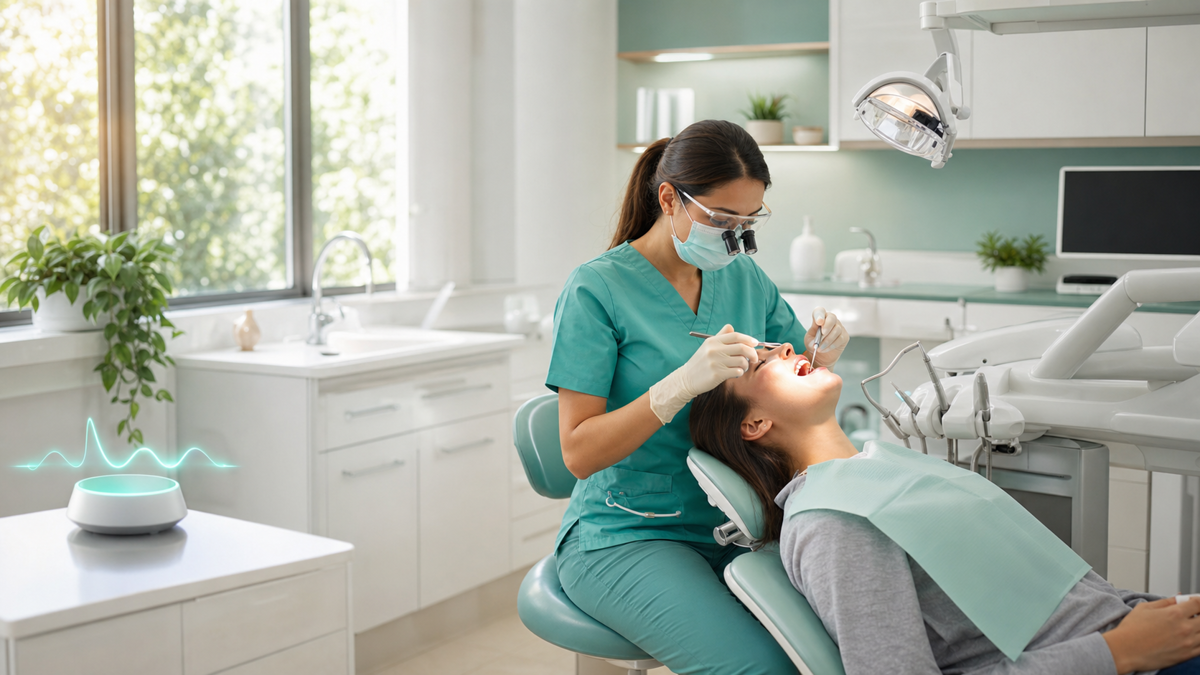 A calm digital assistant handling patient calls while a dental team focuses on care