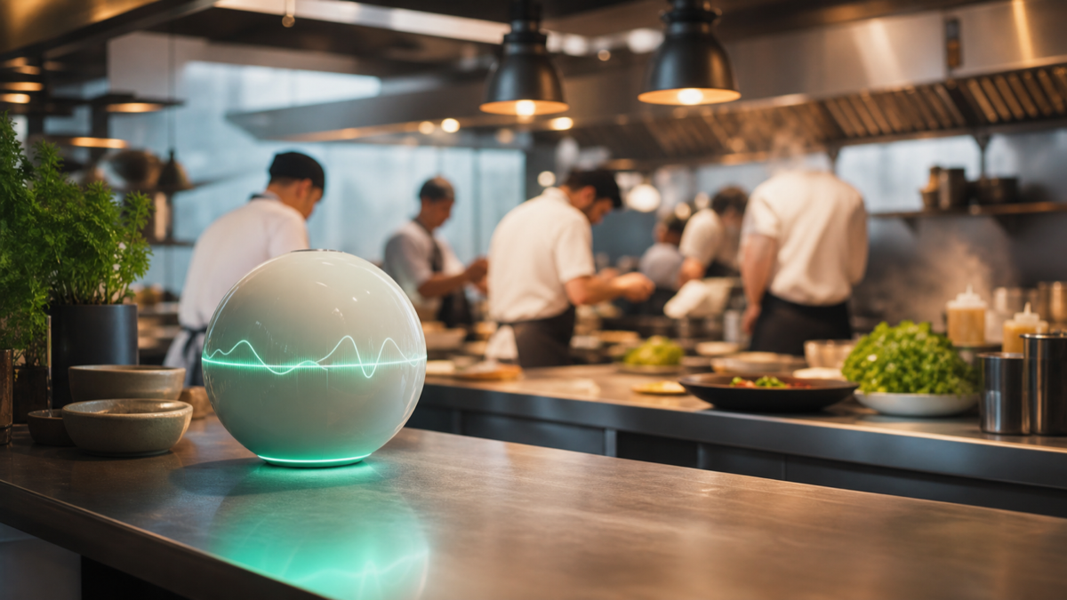 A calm digital assistant handling calls while a kitchen runs at full pace