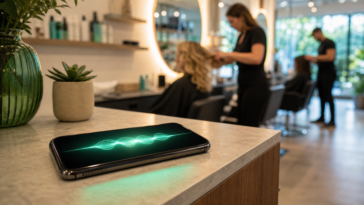 A calm AI voice assistant handling salon phone bookings while stylists focus on clients