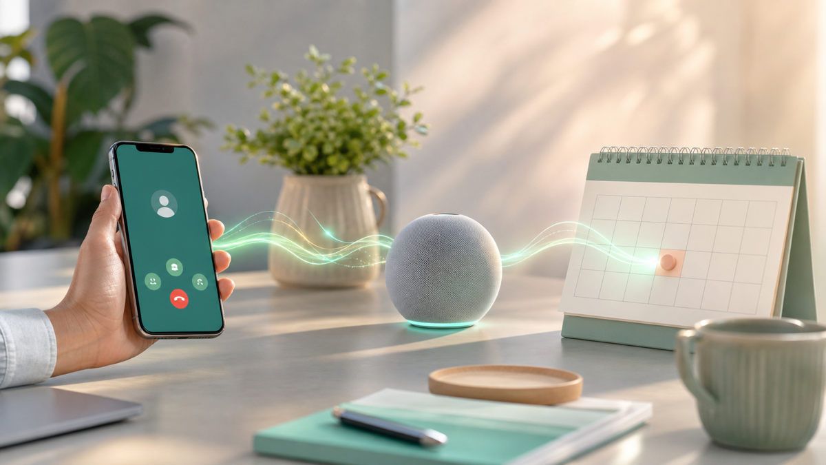 A phone call flowing through an AI voice agent into a calendar booking