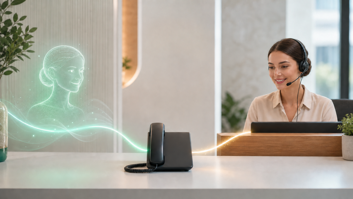 A business phone line being answered simultaneously by an AI agent and forwarded to a human when needed