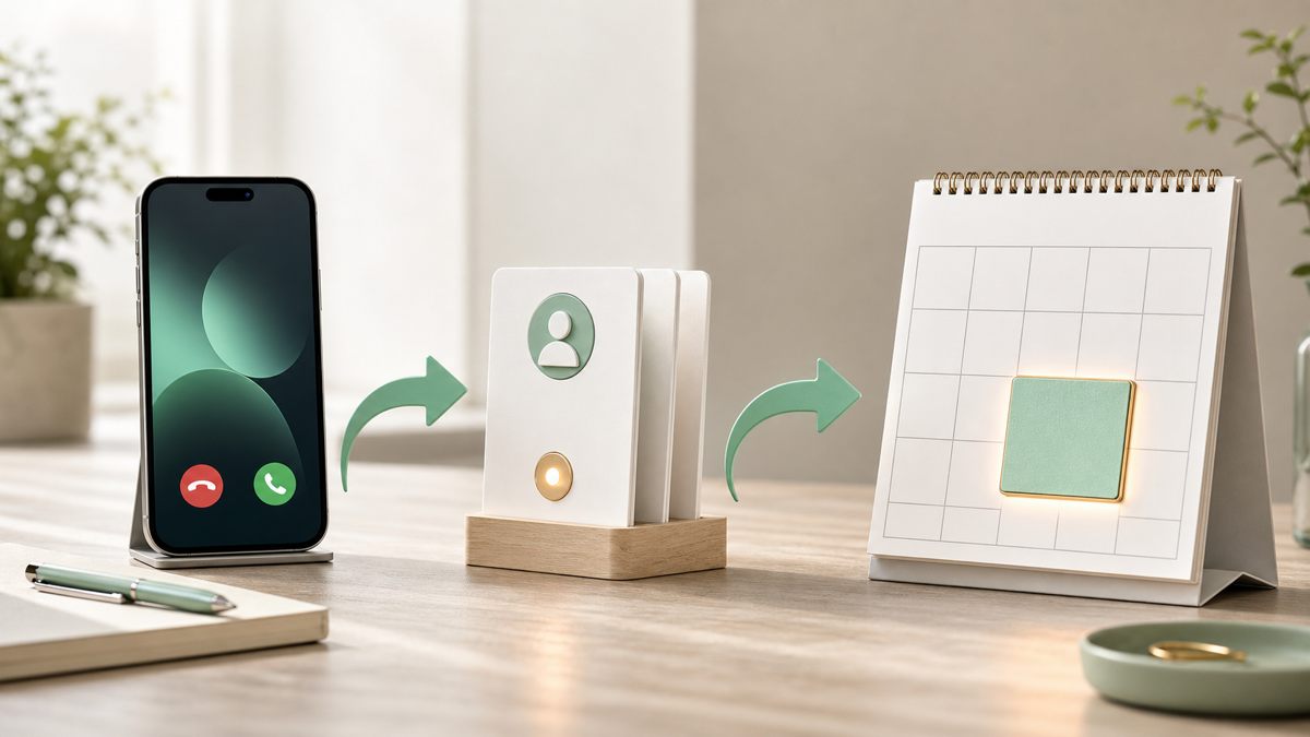 A visualization of an inbound lead being called, qualified, and booked onto a calendar