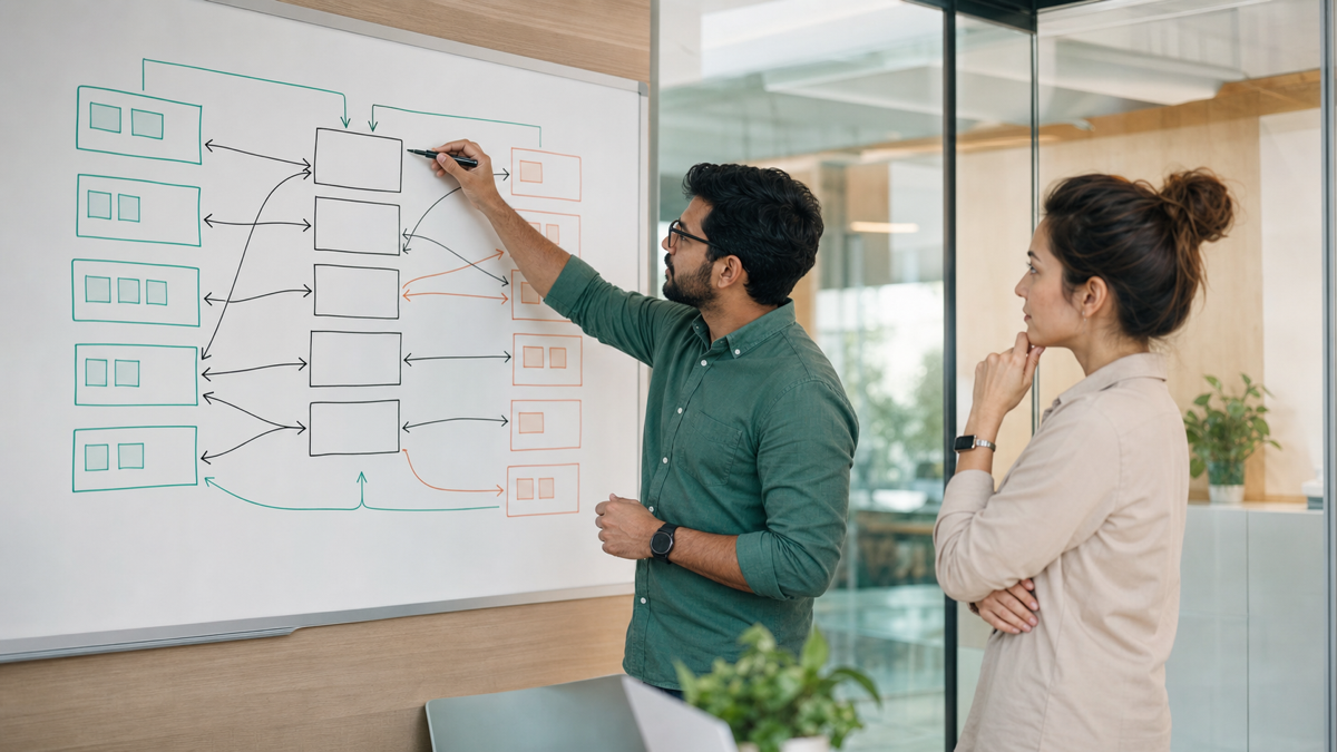 An engineer mapping data fields between two business systems on a whiteboard