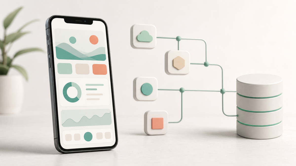 A mobile app screen next to a diagram of its backend services