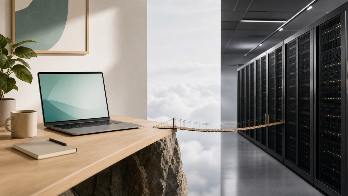 A split-screen showing a working local development setup beside a production server environment