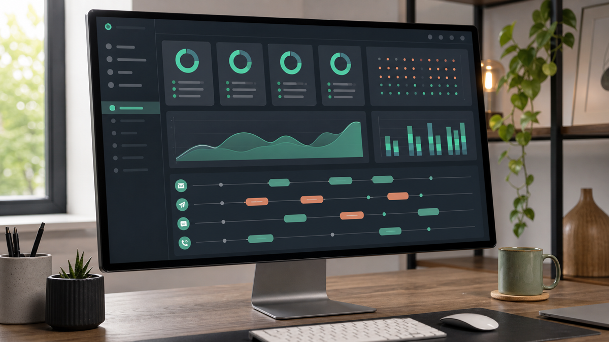 A sales operations dashboard showing prospect scoring and automated email sequences on a widescreen monitor