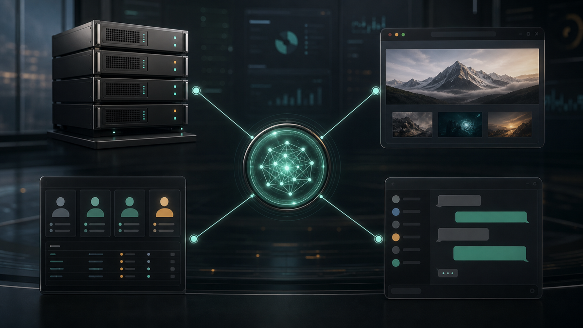 An AI agent connected through MCP to a database, a browser, a CRM, and a chat tool