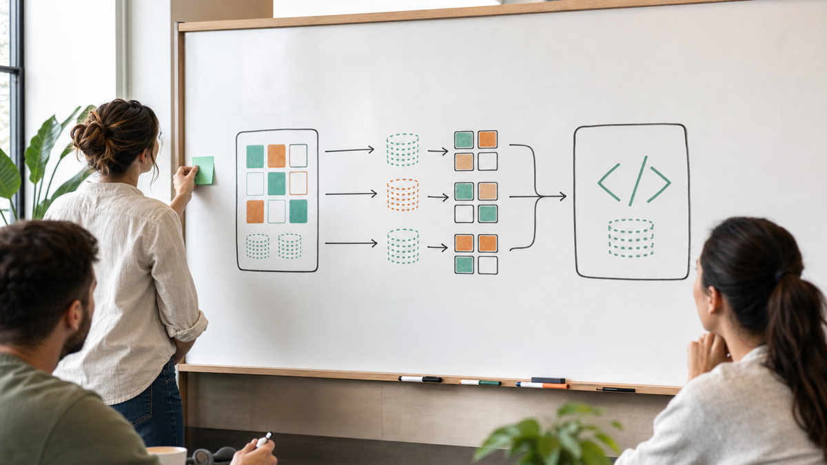 A migration plan on a whiteboard showing data and features moving from no-code to code