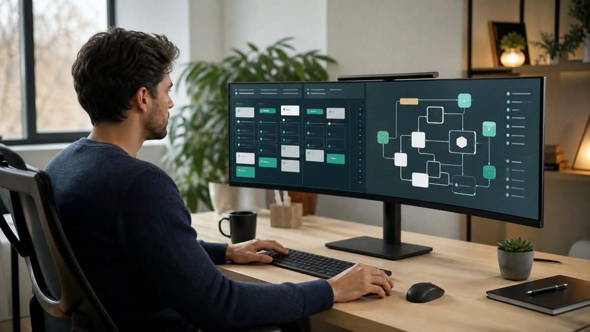A software team reviewing a product roadmap and architecture diagram on a large monitor