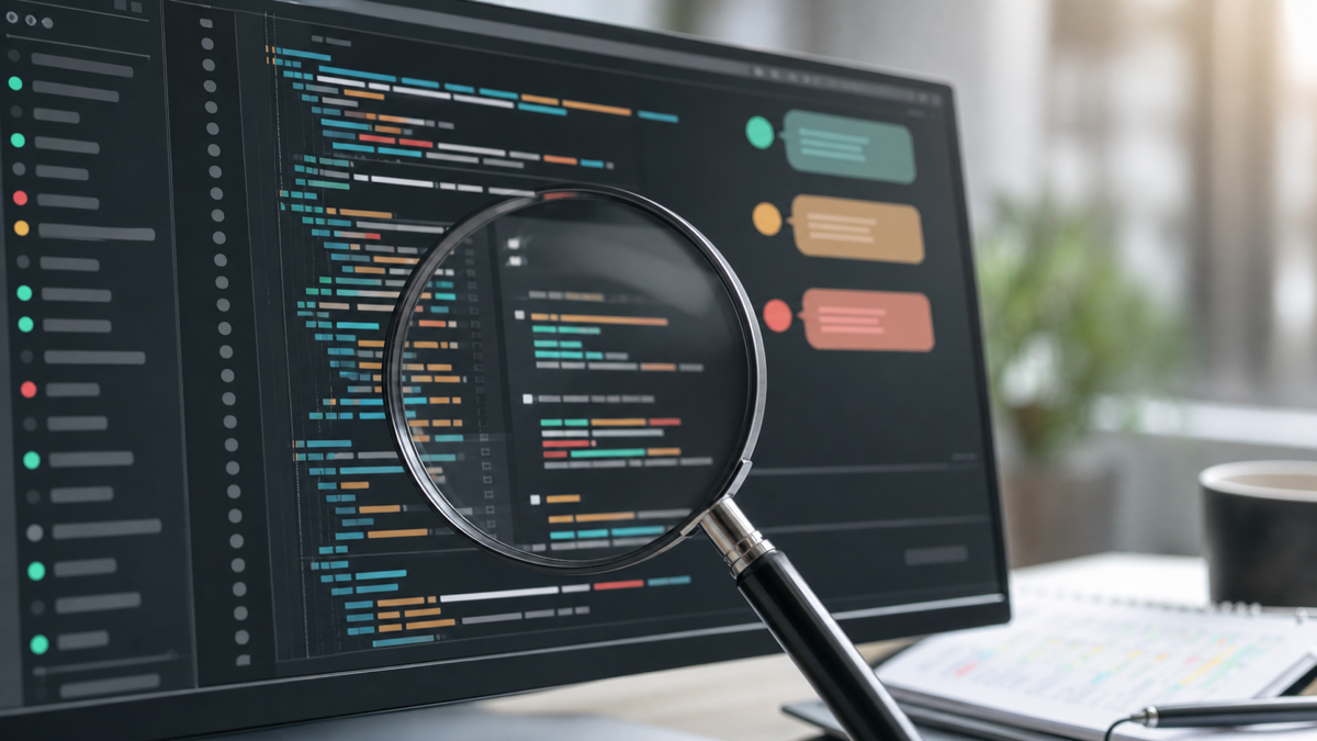 A reviewer annotating a codebase with notes on security, structure, and test coverage