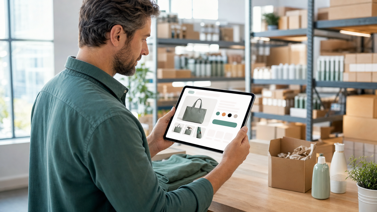 A merchant reviewing a fast, custom Shopify product page on a tablet in a warehouse