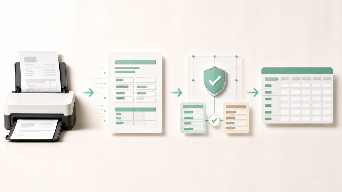 A four-stage pipeline turning a scanned document into validated structured data