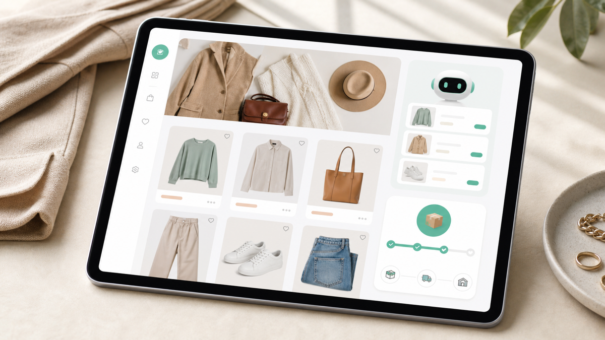A store assistant helping a shopper choose a product and check an order status