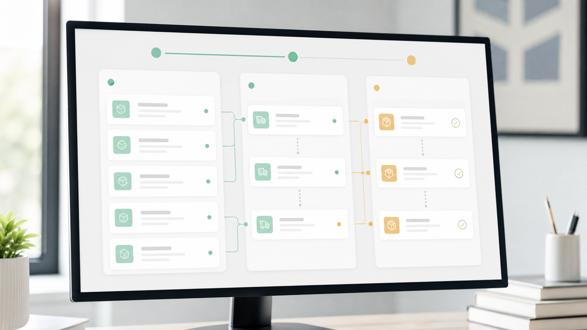 An operations dashboard showing orders moving through validation, routing, and fulfillment stages