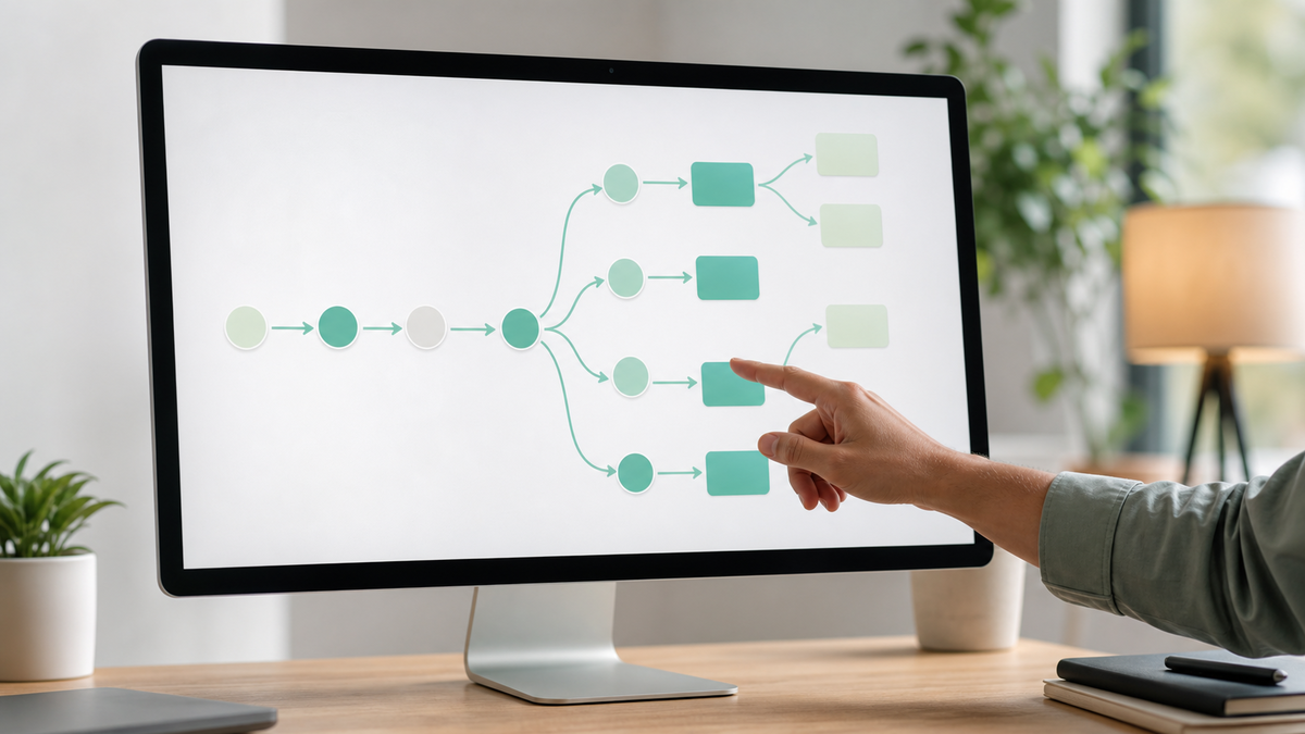 A branching email flow reacting to subscriber behavior and product data