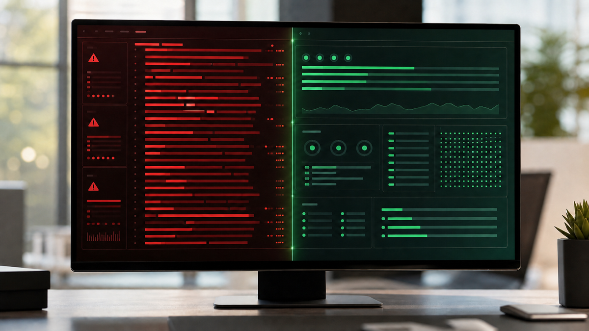 A before-and-after view of a production error log being cleared to green