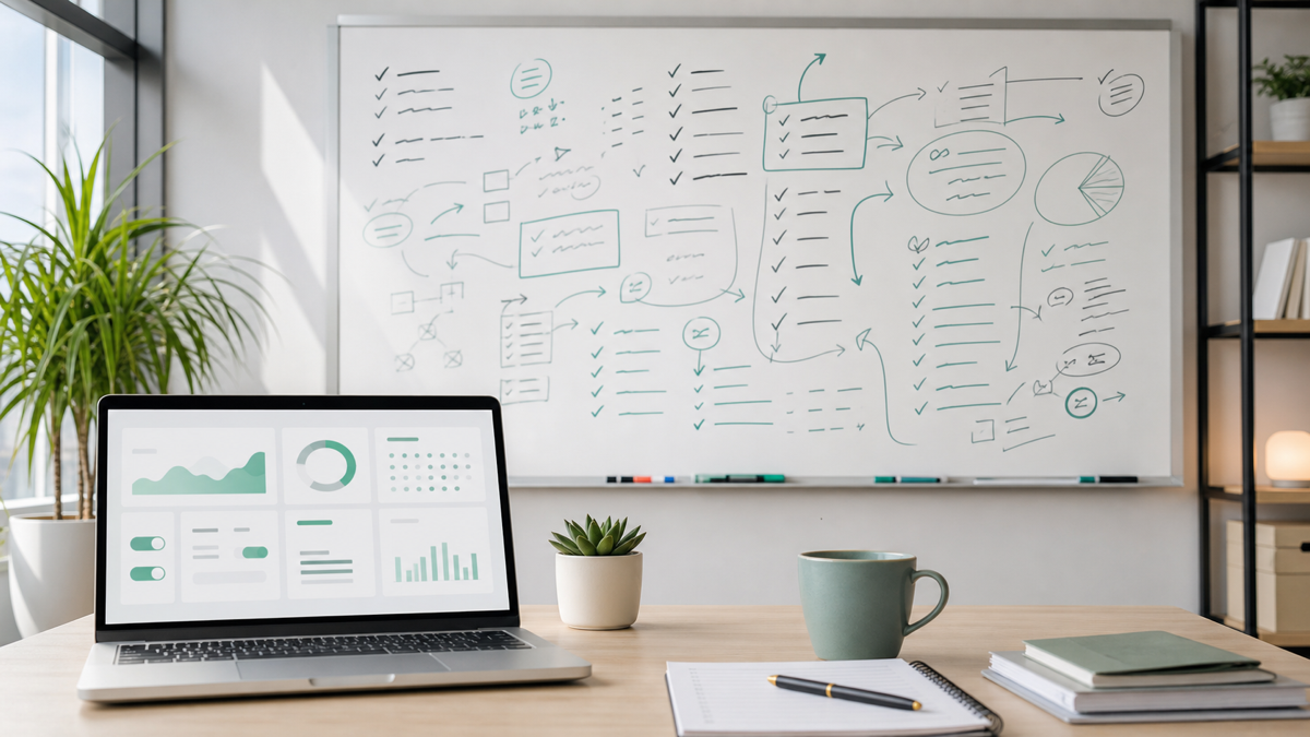 A punch list of fixes on a whiteboard beside a laptop showing an app dashboard