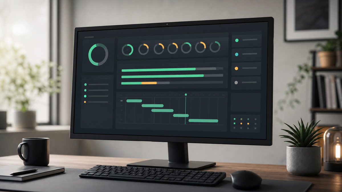 A dashboard showing tracked hours and sprint progress on a screen