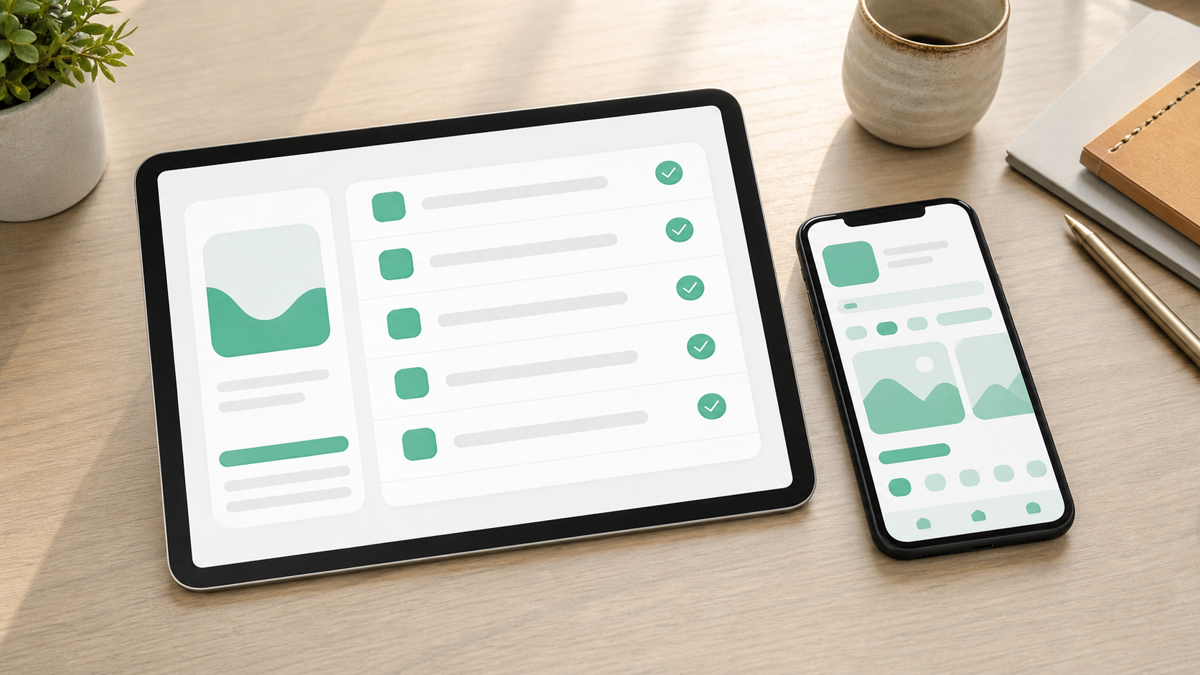 A production readiness checklist for a mobile app shown on a tablet next to a phone