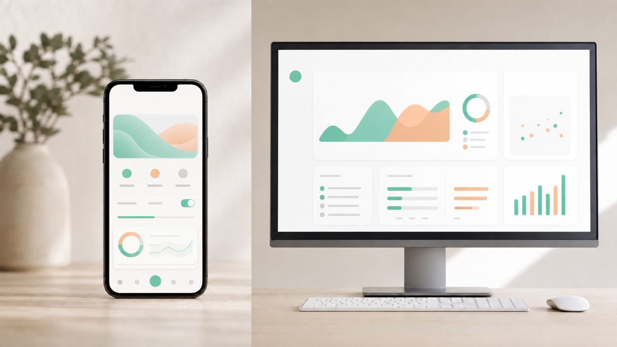 A split view of a native mobile app screen and a browser-based web dashboard