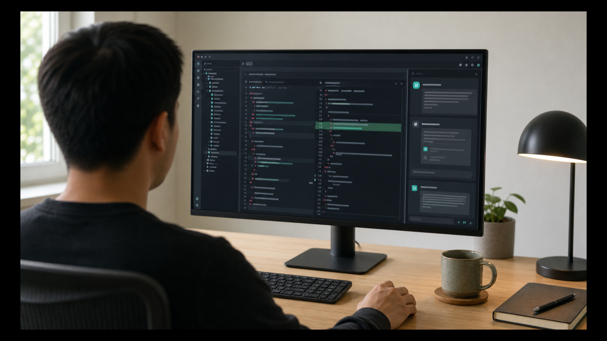 An AI agent reading a repository and drafting a pull request on screen