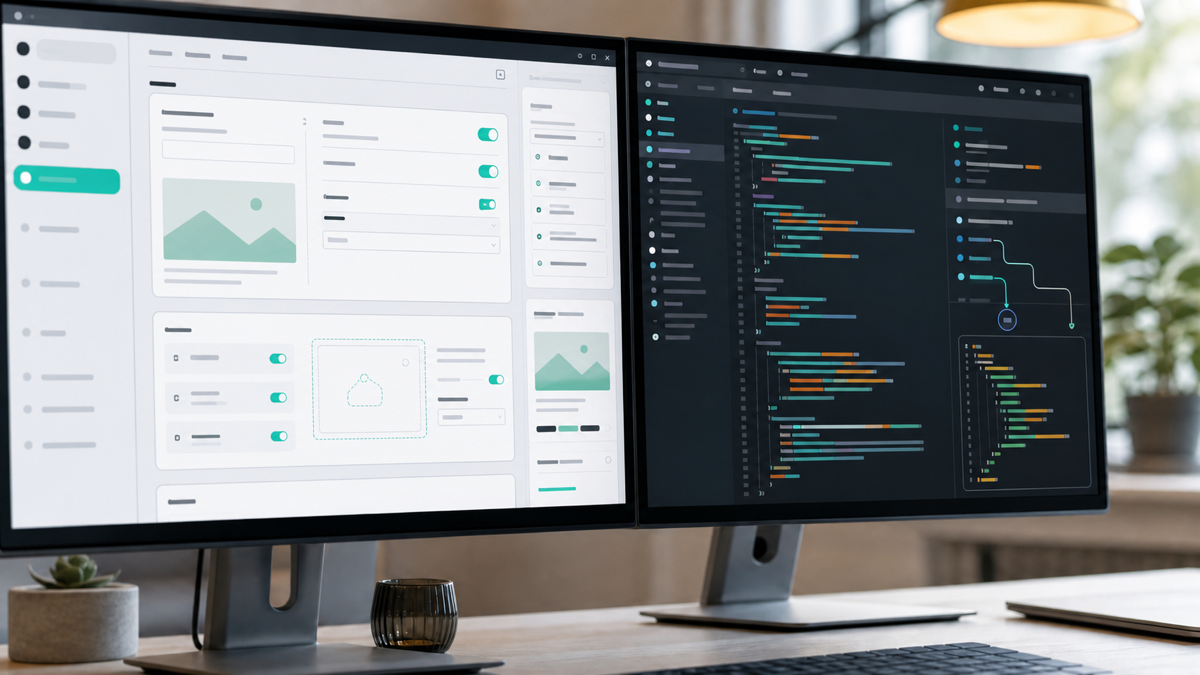 A content model in a headless CMS admin next to a Next.js code editor showing a data fetch