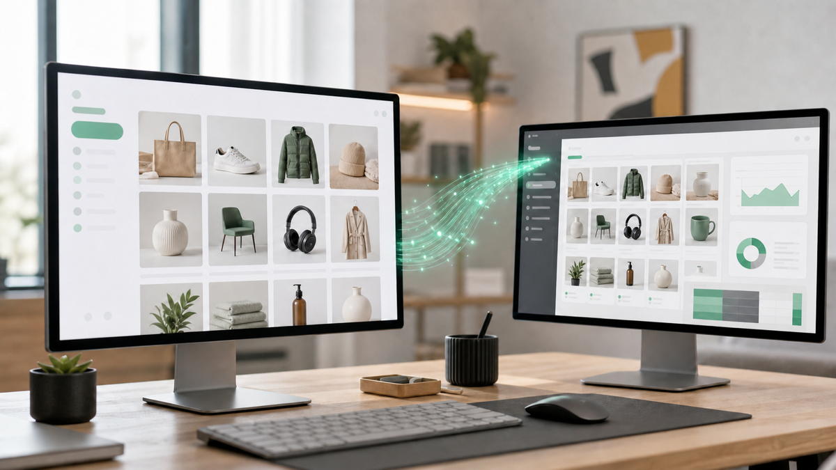 A custom React storefront on one monitor pulling products from a Shopify back end on another, connected by an API link