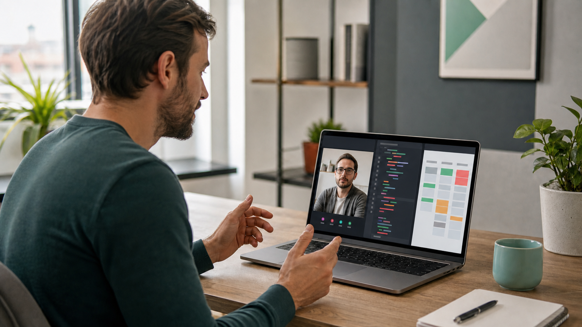A founder reviewing sprint progress with a dedicated remote developer over a video call