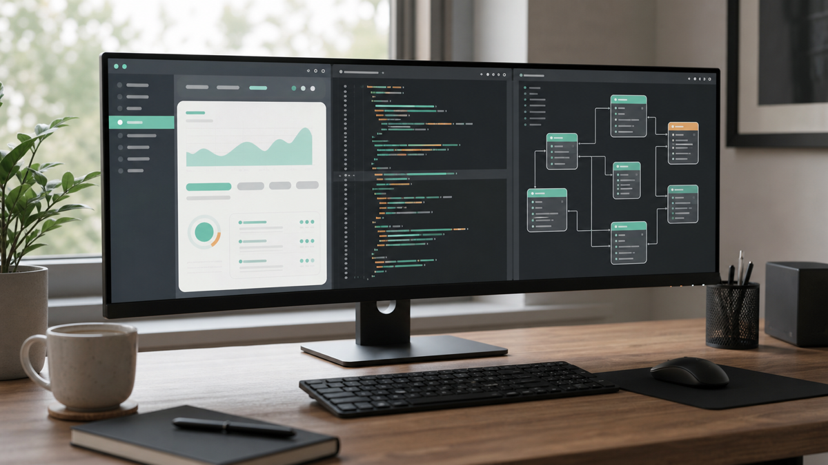A developer moving between a browser interface, server code, and a database schema on screen