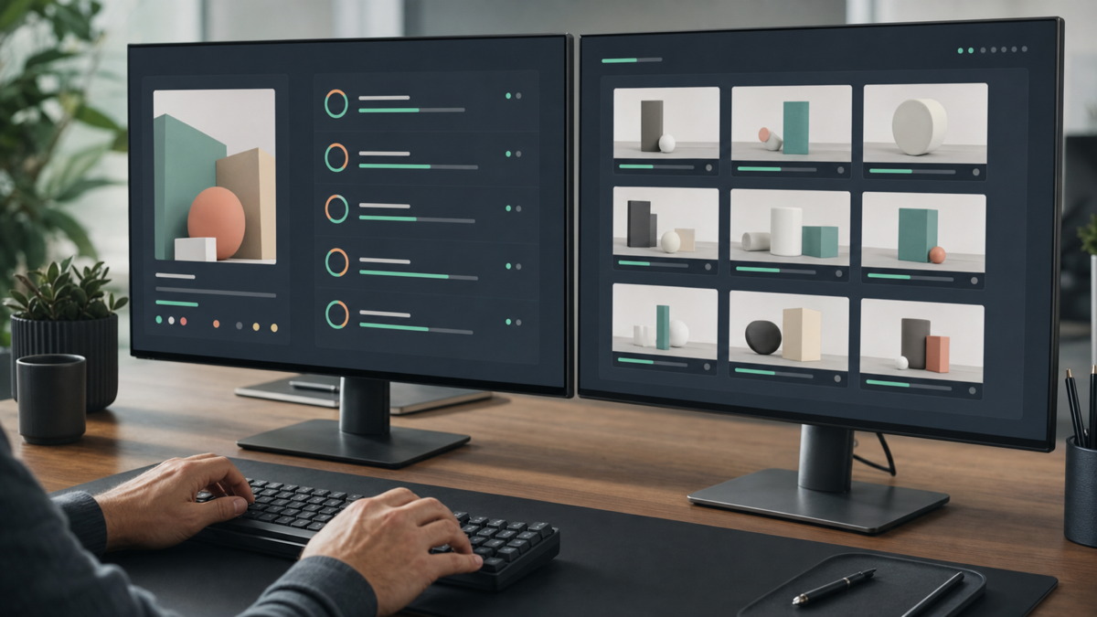 An engineer comparing model evaluation scores and retrieval results across two monitors