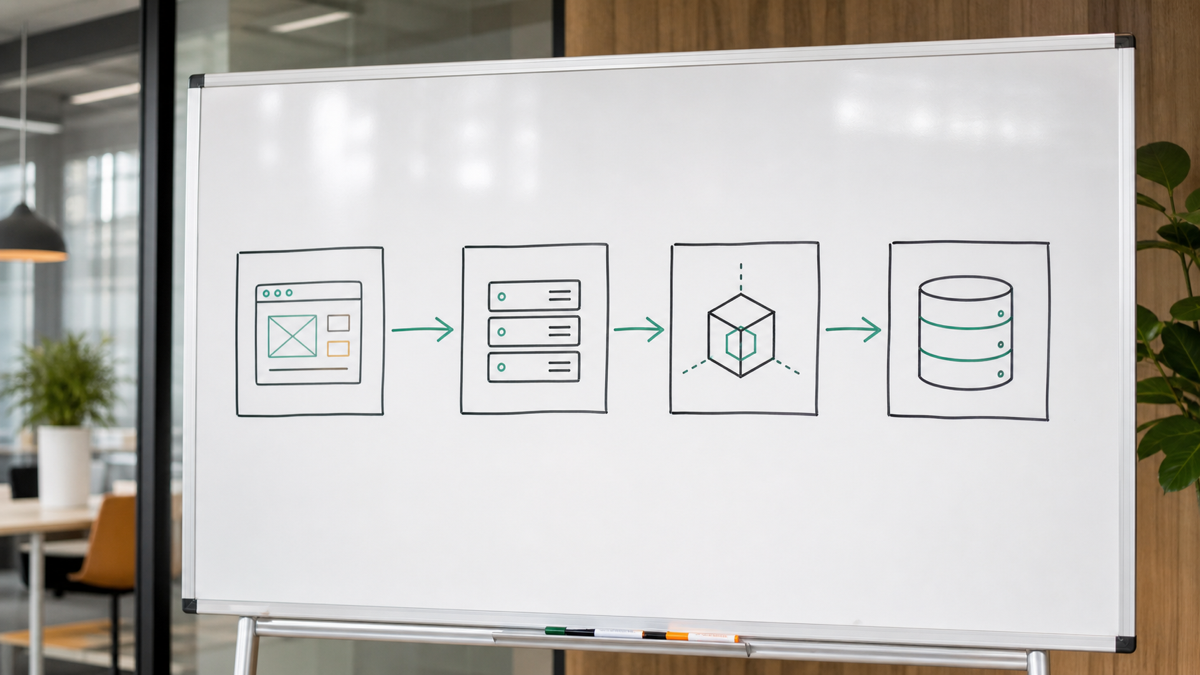 A whiteboard sketch of a MERN architecture linking React, Express, Node, and MongoDB