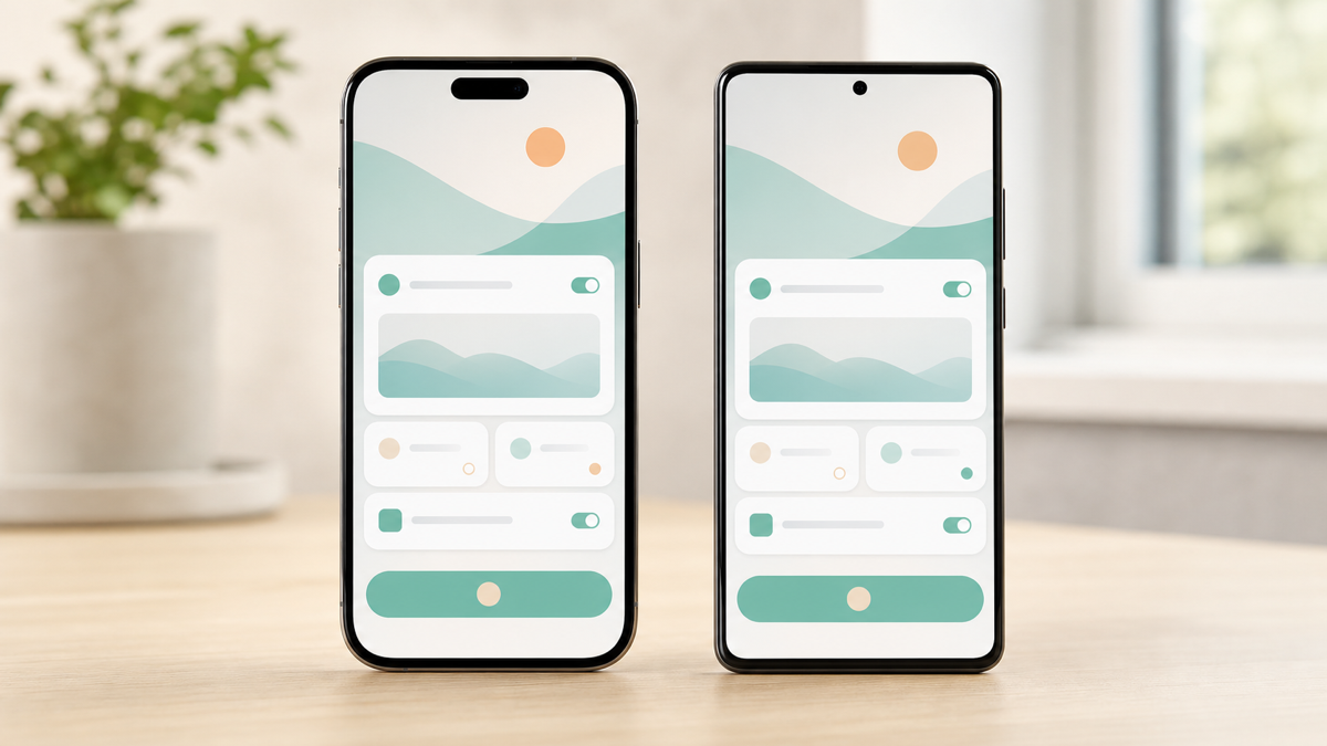 A mobile app shown running on both an iPhone and an Android phone side by side