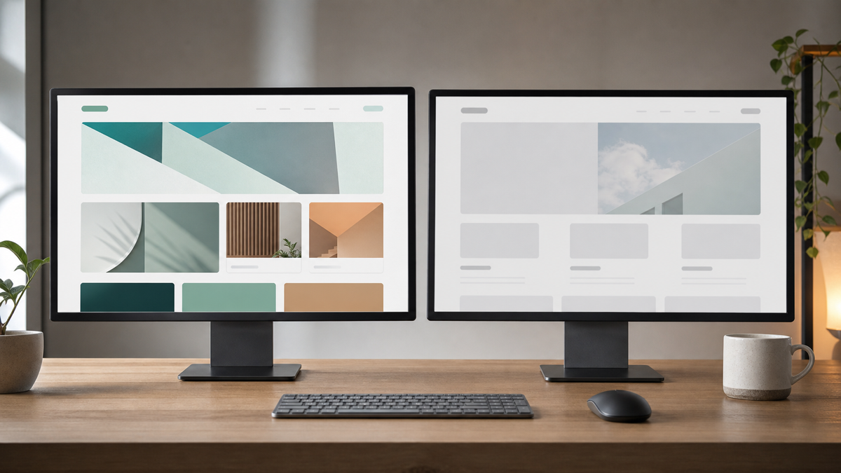 A side-by-side comparison of a fast server-rendered page and a slow client-rendered one on two monitors
