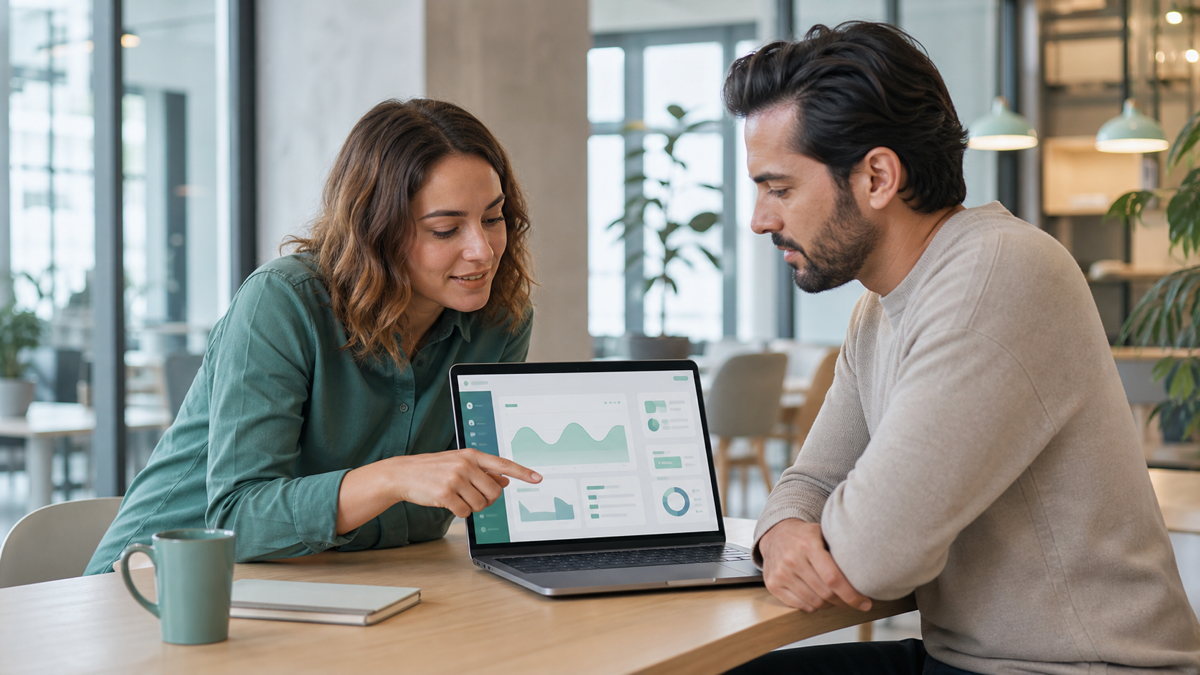 A developer and a founder reviewing an application interface together on a laptop