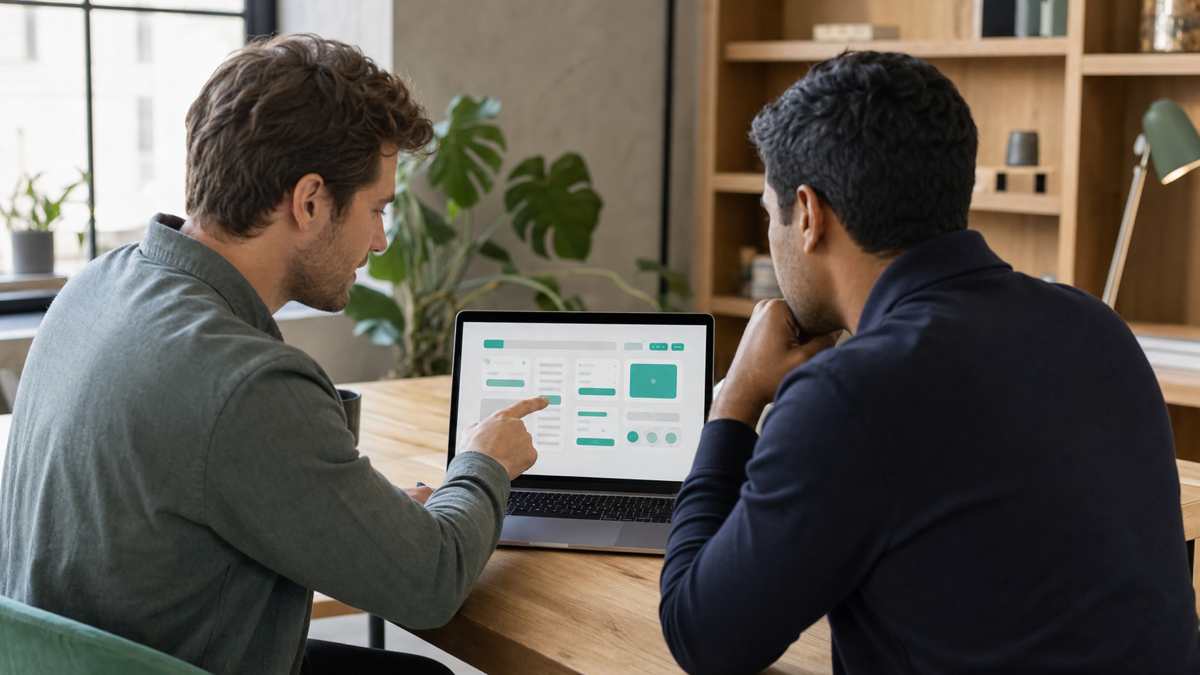 A developer and a founder reviewing a Vue component interface together on a laptop