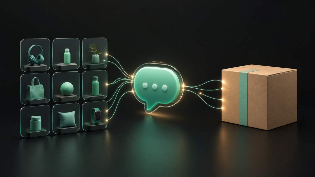 An AI chatbot connected to a Shopify catalog and order system answering a shopper