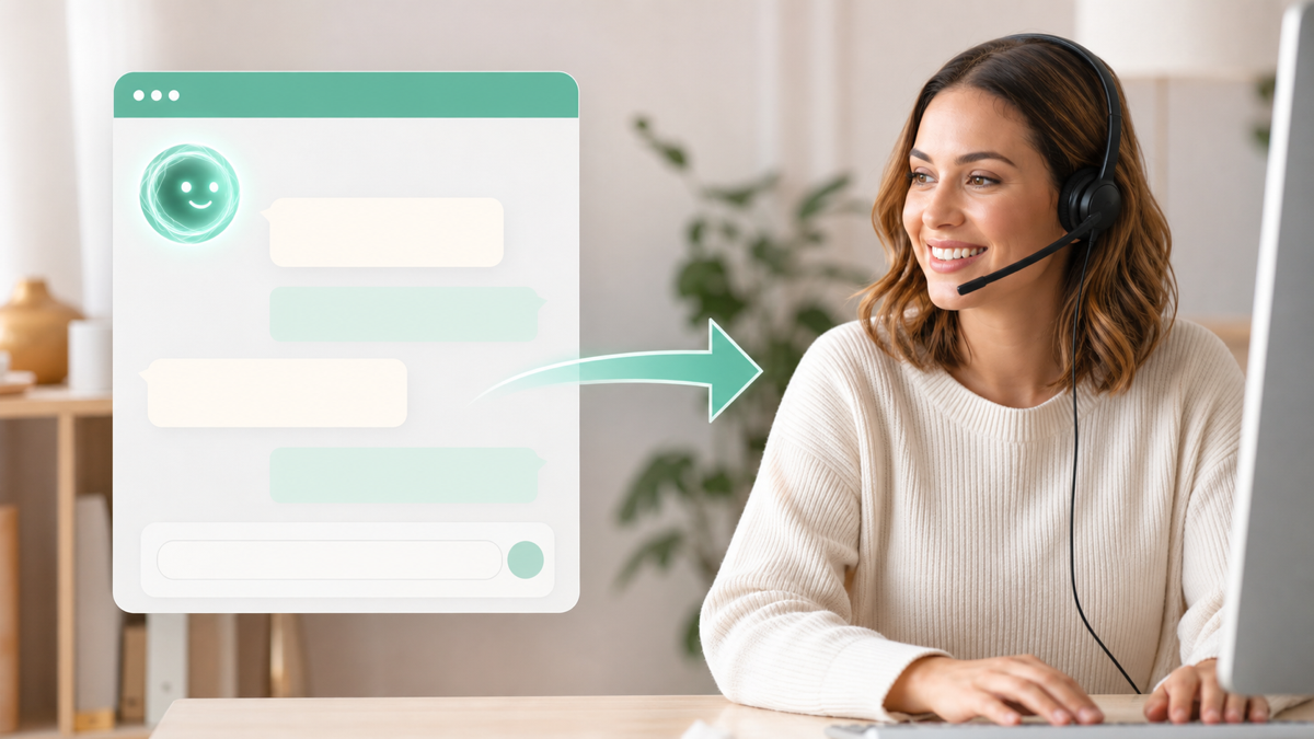 A website chat window where an AI answers a routine question and offers to connect a human for a complex one
