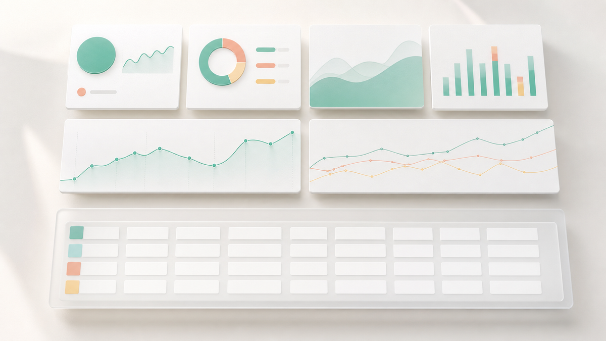 A SaaS dashboard laid out with large KPI cards on top, trend charts in the middle, and a data table below